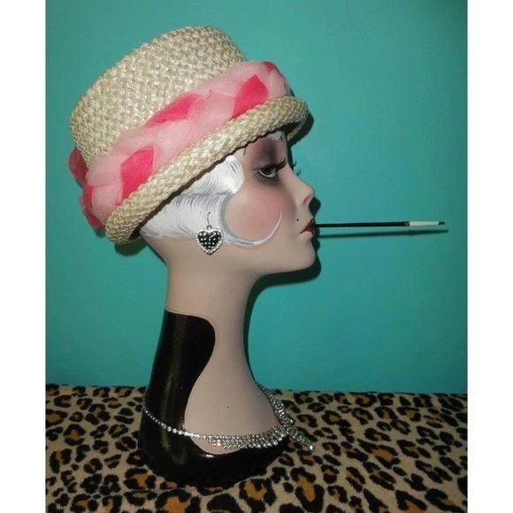 Sombrero de iglesia tejido blanco vintage con pinup de malla rosa retro rockabilly derby flapper Foto 4 de 4