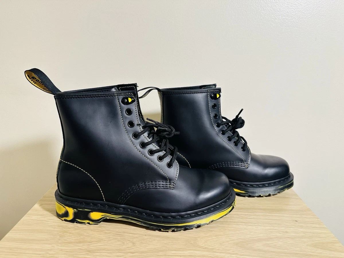 Dr. Martens Men\'s 1460 Black Smooth Yellow Marbled Sole Combat Boots Size 7 Dr Marten 1460 MARBLED SOLE SMOOTH Yellow Sole Leather Boots  main image 2