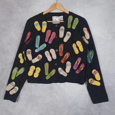 Michael Simon Lite Cardigan Womens Medium Black Flip Flop Embroidered Cotton