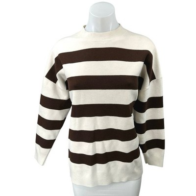 MNG Women's Cream Brown Striped Mock Neck Oversized Pullover Sweater Size L