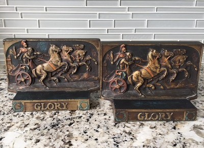 1920's Pompeian Bronze Co Chariots of Glory Bronze-Clad  3D Bookends 7'' x 4.75''