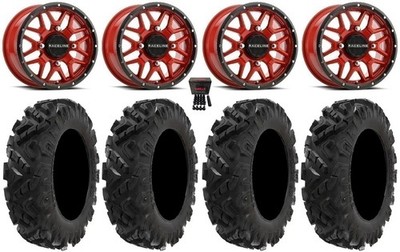 Raceline Krank 15'' Wheels Red 28'' Attack 2.0 Tires Yamaha Wolverine RMAX