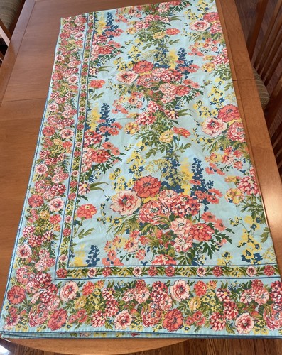 April Cornell Floral Turquoise Blue Tablecloth ~ 100% Cotton~Floral ~ 60” X 112”