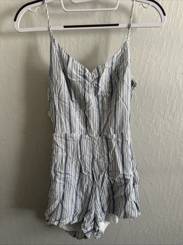 Aeropostale Blue & White Striped Lined Adjustable Strap Tie Back Romper XS
