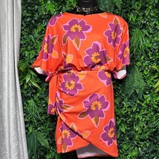 Boohoo Dress Size 22 Orange Floral Wrap Butterfly Sleeves Midi Boho Chic 3467