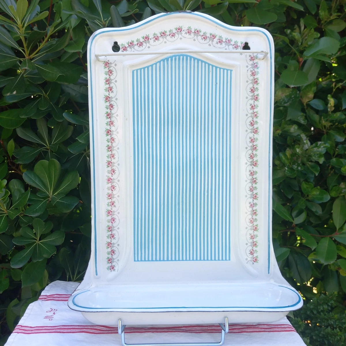 Ancien Porte Ustensiles De Cuisine Blanc à Liseret Rouge - Rangement Vintage