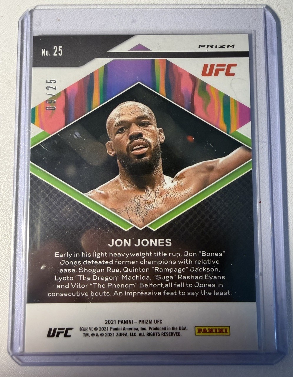 Jon Jones /25 Mojo SSP Prizm Fearless 2021 First Year Prizm UFC HOF view 2