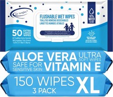 Flushable Wipes 150 Ct 3-Pack, XL 7x7 Inch Fresh Scent Aloe Vitamin E Soft
