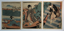 Toyokuni Woodblock Print Triptych: Hana Kumo (Flower Clouds) Ukiyo-e