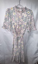 Luxology Women's Floral Pattern Mock Neck Flutter Sleeve Belted Dress