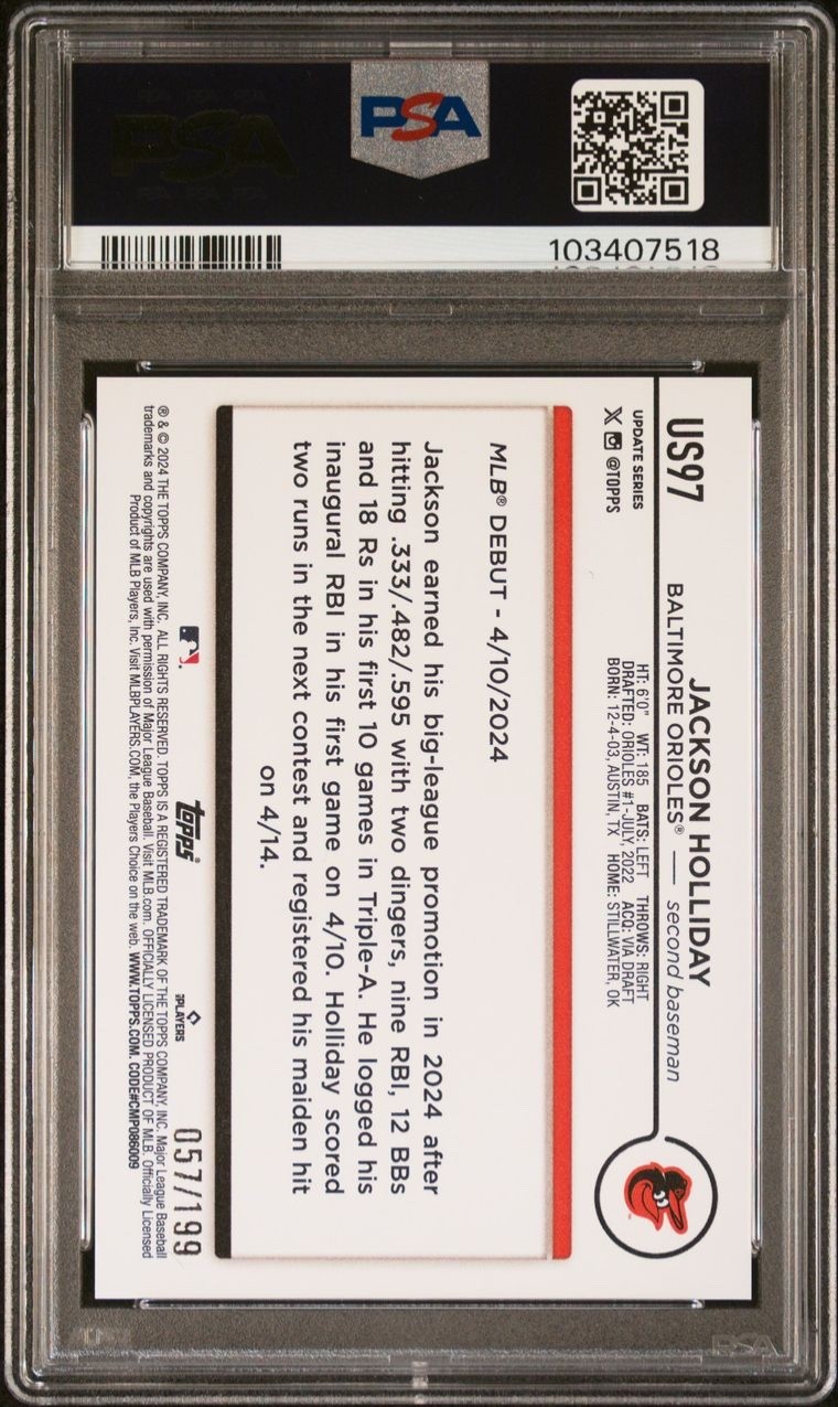 2024 Topps Update: Jackson Holliday #US97 RC 57/199 *Red Crackle Foil* /PSA 9/ view 2