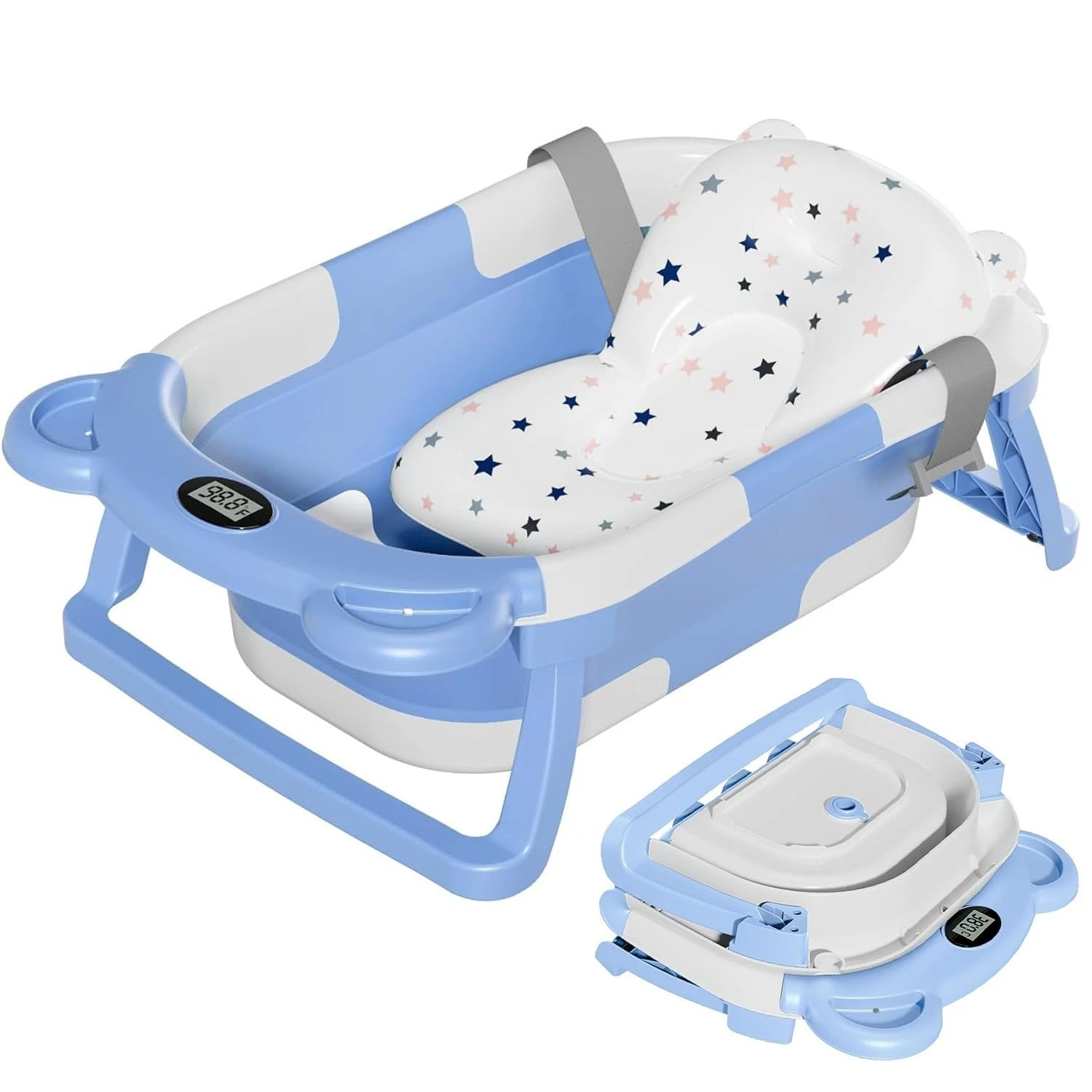 TPN Collapsible Baby Bathtub w/ Soft Cushion & Real-Time Thermometer - Blue