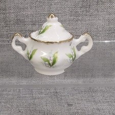 Vintage Harrods Miniature Bone China Lily Valley Lidded Sugar Bowl 5cm Tall