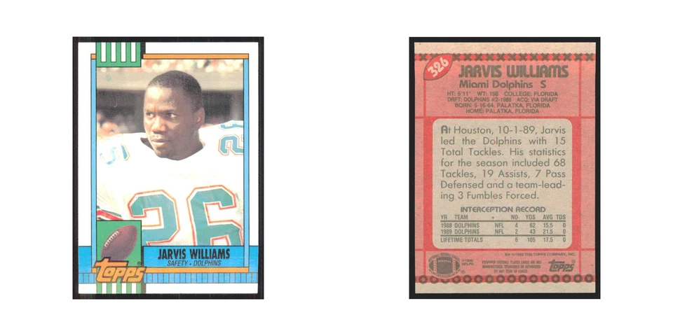 1990 Topps Jarvis Williams Dolphins #326 - Image 3 of 3