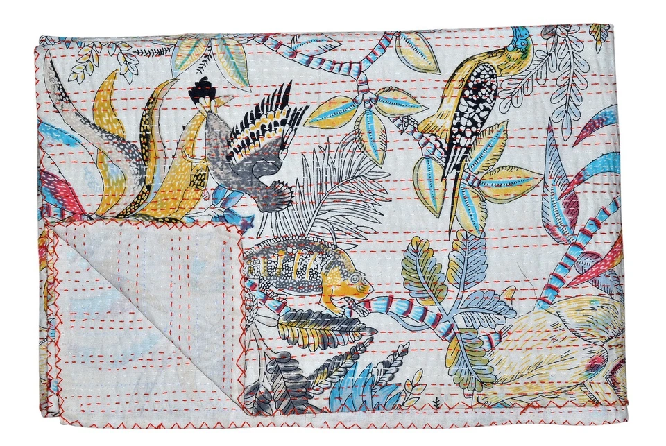 Queen Bedcover Handmade Bed Sheet Indian Kantha coverlet Cotton Throw Bedspread - Image 4 of 4