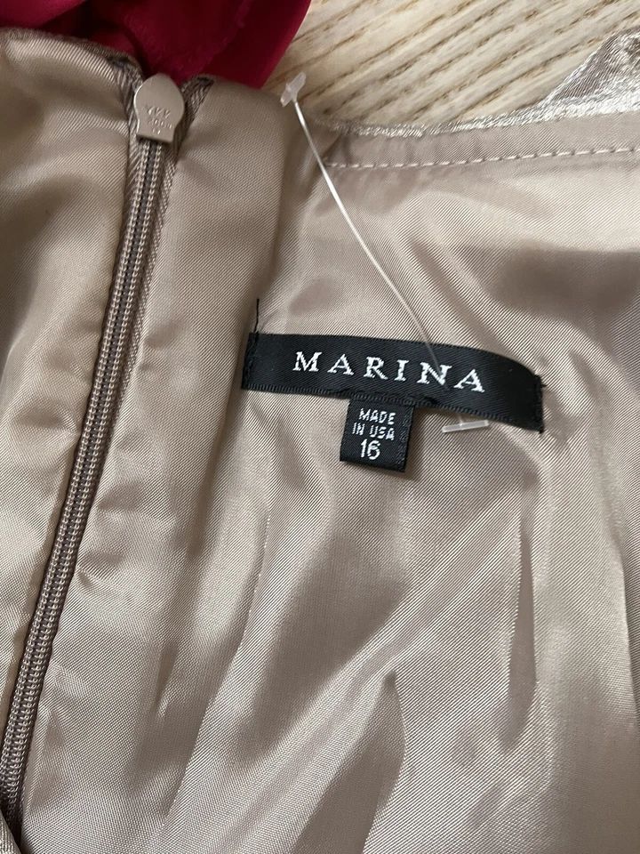 Marina Occasion Dress Sz 16 Taupe Shimmer Black Trim Bow Ruffle Front New - Image 3 of 4