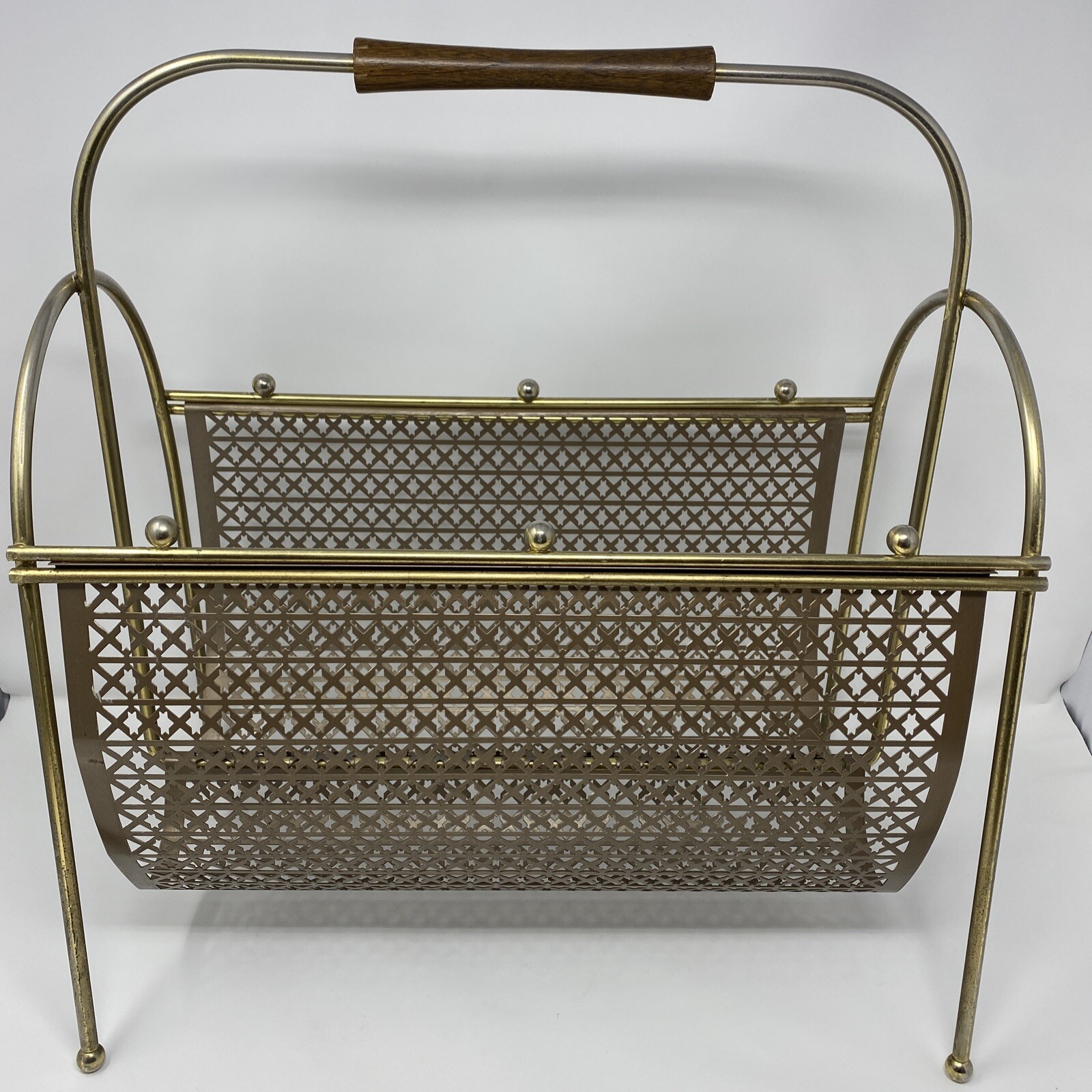 Vintage Mid Century Modern Mesh Metal Magazine Rack Wood Handle Brass Brown