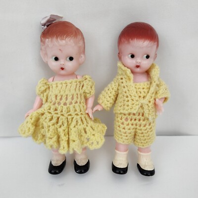 Vintage Knickerbocker Boy Girl Doll Rattle Hard Plastic Yellow