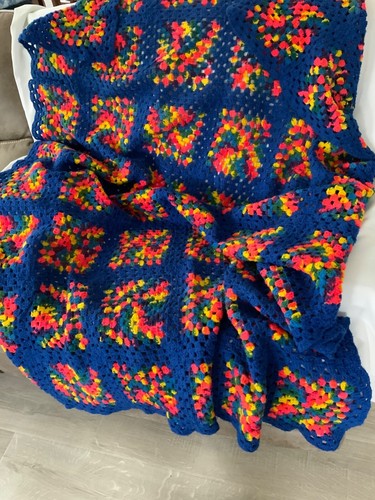 Rainbow Granny Square Afghan Blanket approx 53" x73" Throw Brights Roseanne