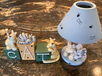 crazy mountain cat block letter figurines and tea light lamp