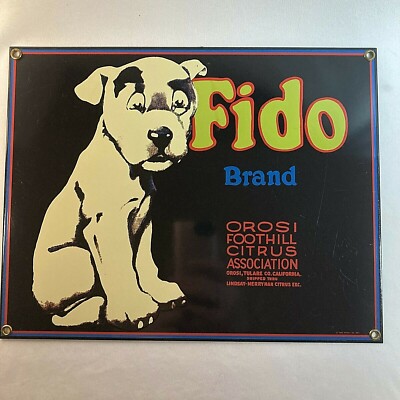 Vintage Ande Rooneys Porcelain Enameled Fido Brand Advertising Sign 11.5x9 1993