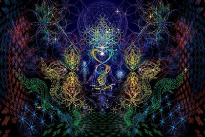 Tapisserie réactive aux UV : forêt psychédélique au coucher du soleil, art à la lumière noire - France