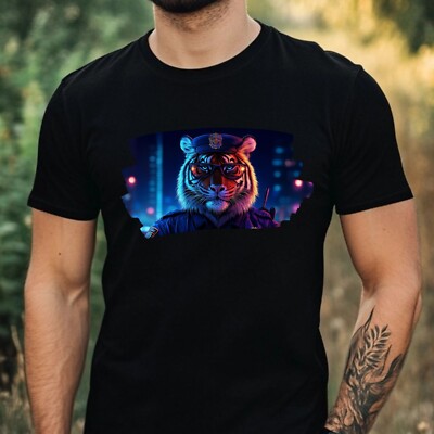 Herren T-Shirt Tiger als Polizist Motiv Baumwolle Größe XS bis 5XL