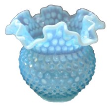 VINTAGE FENTON BLUE OPALESCENT HOBNAIL RUFFLED ART GLASS VASE 5 5/8" MCM
