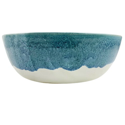 Studio Art Pottery Serving Bowl Hand Thrown White Blue Asymmetric Drip Glaze 7"