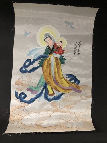 Lot of 4 Asian cloth paintings & Needle work home decor Spiritual Birds Flowers