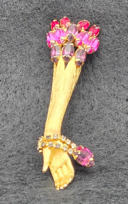 Vintage Extremely Rare and Unique Arm Brooch Gold tone with Pink Rhinestones