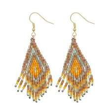 Fall Long Native Gold Beaded Flower Fringe Dangle Earrings for Women, leaf