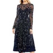 Mac Duggal 10799 Navy Beaded Illusion High Neck Long Sleeve A Line Dress 4 NWT