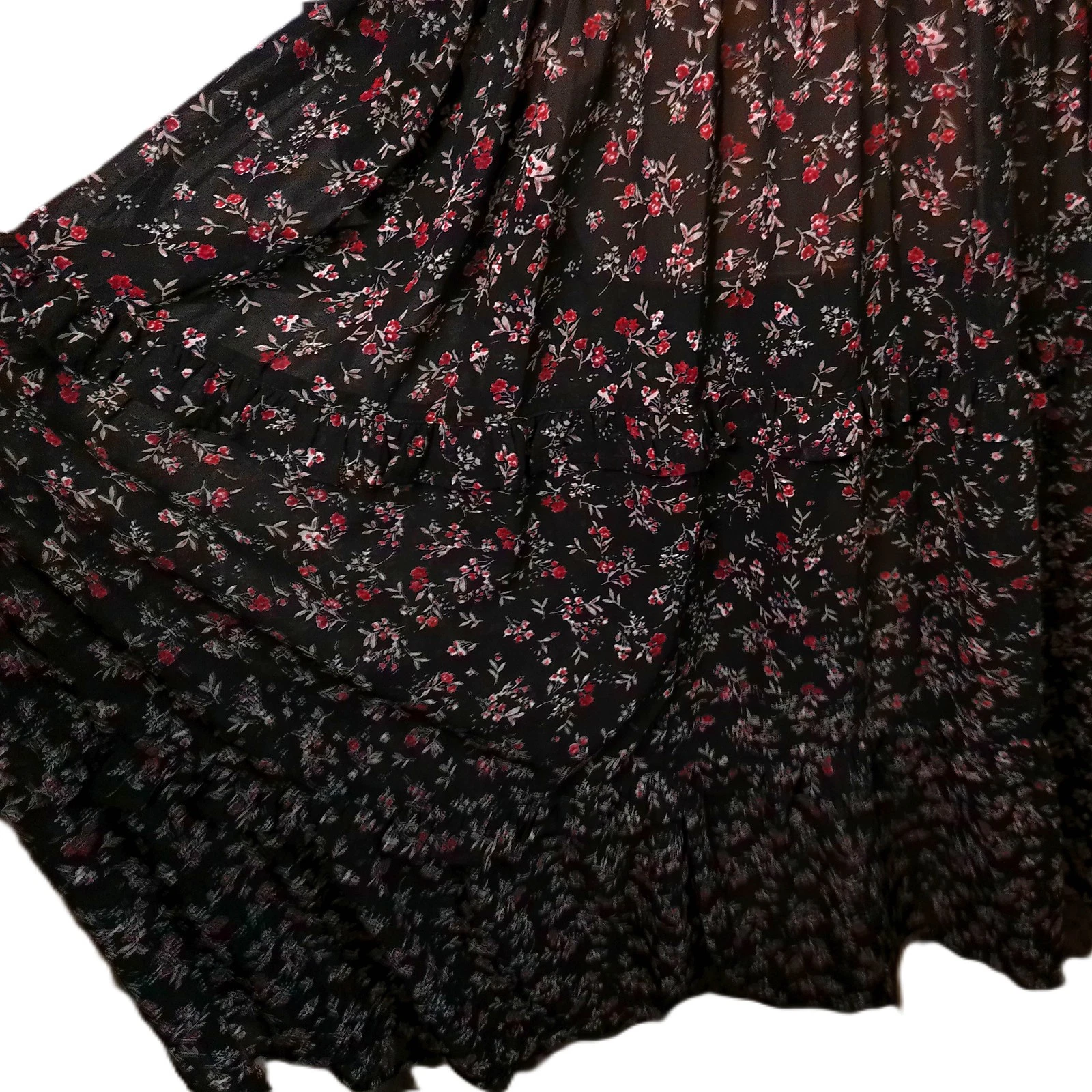 VETEMENTS Maxi Abito XL Nero Floreale Trasparente Chiffon Manica Lunga Scollo a V