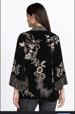 Johnny Was L Black Gold Velvet Kimono w/ Sequins Silk Lining Jacket Wrap NWT