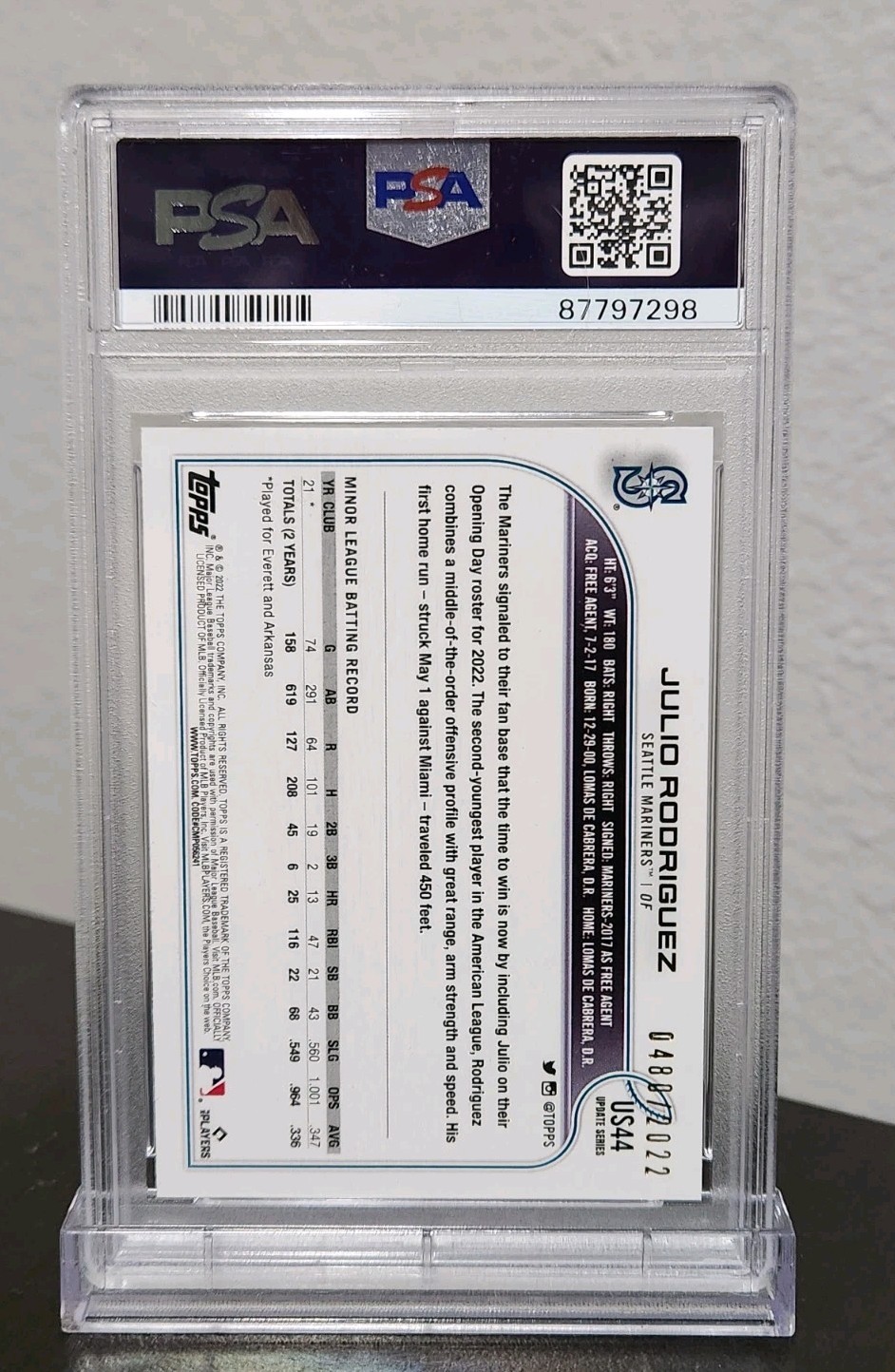 2022 Topps Update Julio Rodriguez Rookie Card GOLD 480/2022 US44 PSA 9 GOLD view 3