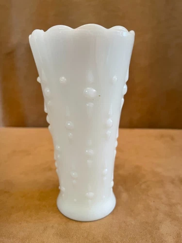 Thin Tall Milk Glass Scalloped edge vase 7" high button ribbed vintage white