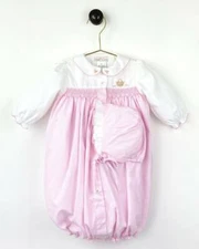 Petit Ami Embroidered Pink Check Convertible Gown & Bonnet Set Newborn 3 6 Month