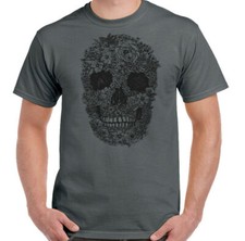 Skull T-Shirt Biker Mens Gothic Tattoo Motorbike Rock Music Guitar Drum Flowers
