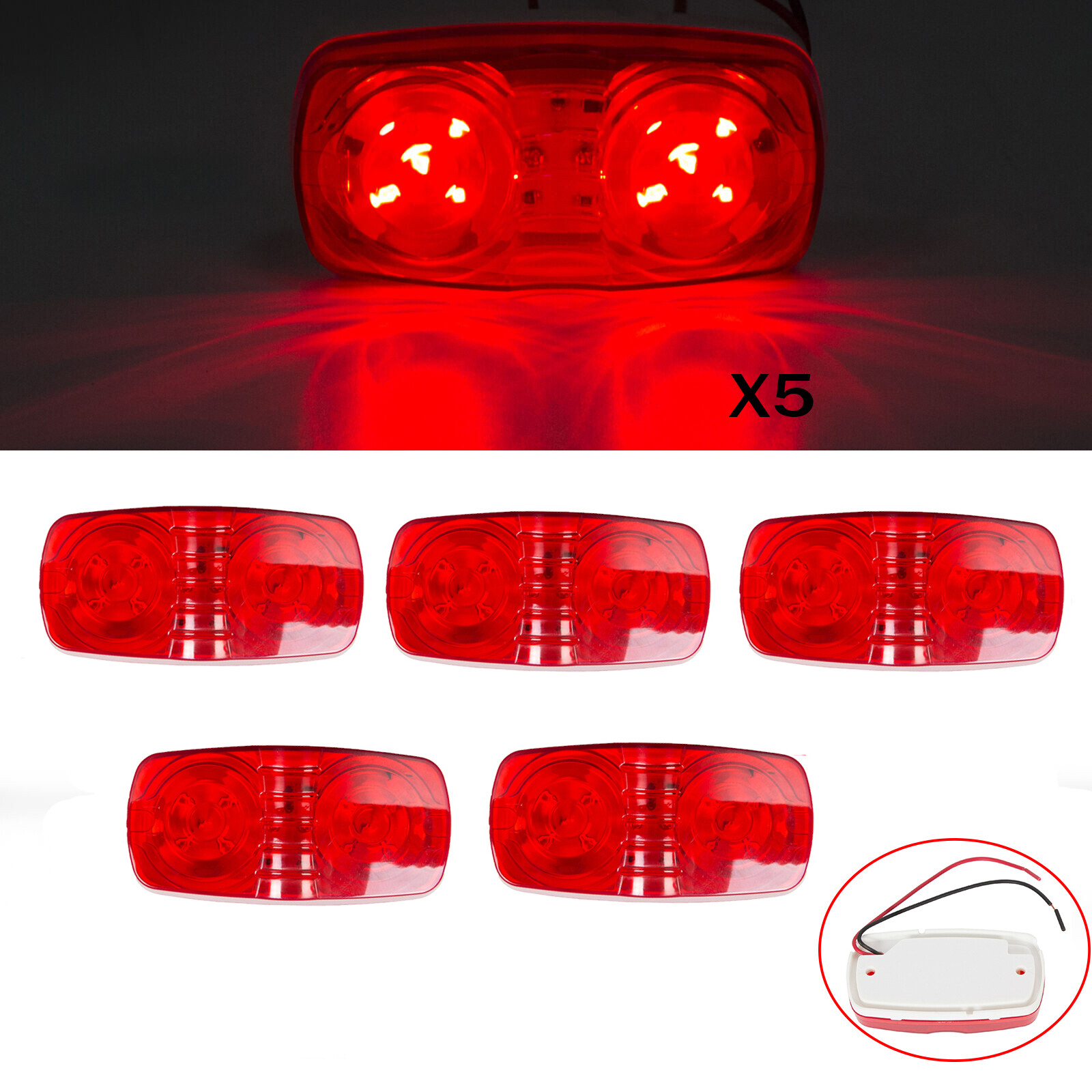5PCS Red LED Double Bullseye Camper RV Roof Side Marker Clearance Light Lamp
