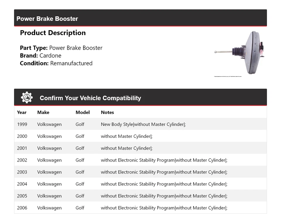 Para Volkswagen Golf 1999-2006 Power Brake Booster Cardone 2000 2001 2002 2003 Foto 2 de 4