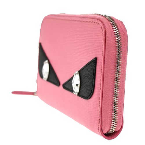 FENDI Logo Monster Bugs Eyes Compact Zip Around Coin Wallet Leather Pink 64YH228 - Picture 2 of 18