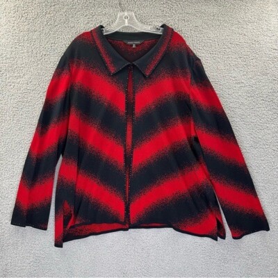 Ming Wang Long Sleeve Sweater Cardigan Collared Rhinestone Black Red Women's 3X