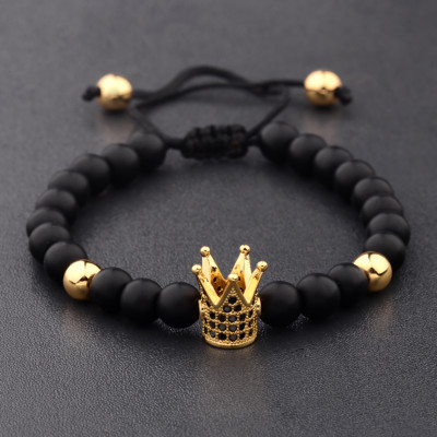 Luxury Crown Natural Stone Matte Black Charm Men's Copper Bead Fashion Bracelets