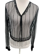 Vtg Raiment Fashions Black Sheer Mesh Beaded Fringe Evening Top Womens Large