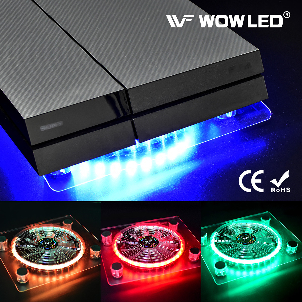 WOW USB RGB LED Cooler Cooling Fan Pad Stand for PS4 Playstation