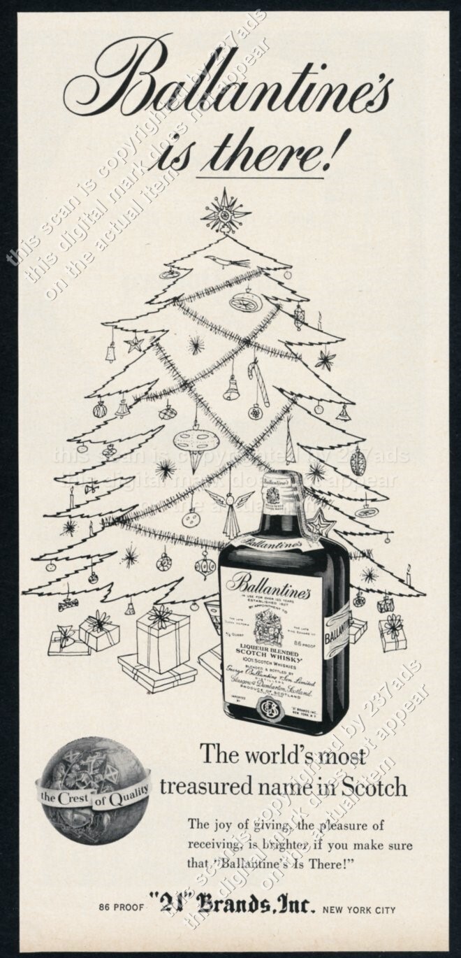 1955 Ballantine's Scotch Whisky Christmas tree art vintage print ad