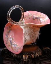 Applied Bohemian Harrach Moser Hand Painted Birds & Floral Art Glass Basket Vase