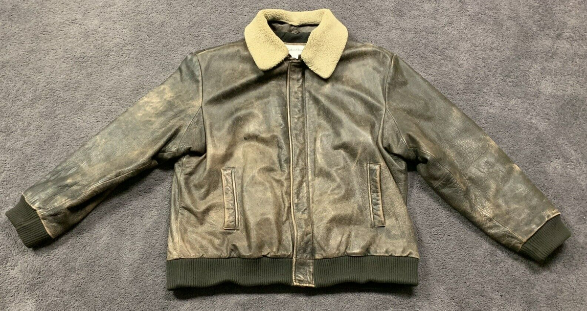 Calvin Klein Brown Distressed Leather Aviator Bomber Jacket Sherpa