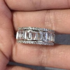 925 Sterling Silver Natural White Topaz Three Row Half Eternity Ring Band